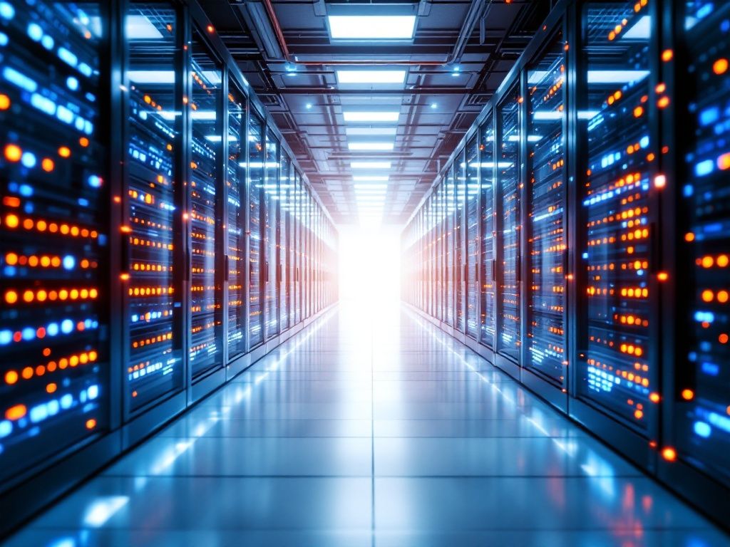 A photorealistic shot capturing a modern data center with multiple server racks, emphasizing the concept of virtualization with visual representations of virtual machines running on physical hardware. The image should show a clean, high-tech environment with glowing server lights and network cables, illustrating the efficiency and organization of virtualized infrastructure.