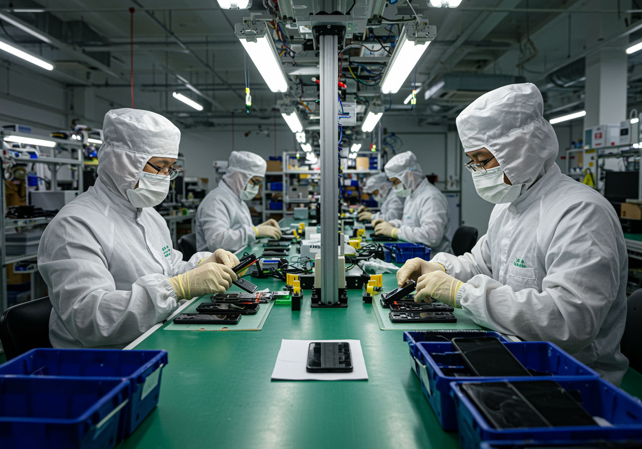 A photorealistic shot capturing a modern smartphone manufacturing assembly line with workers in protective gear carefully assembling Android devices, showcasing the intricate process of custom device production