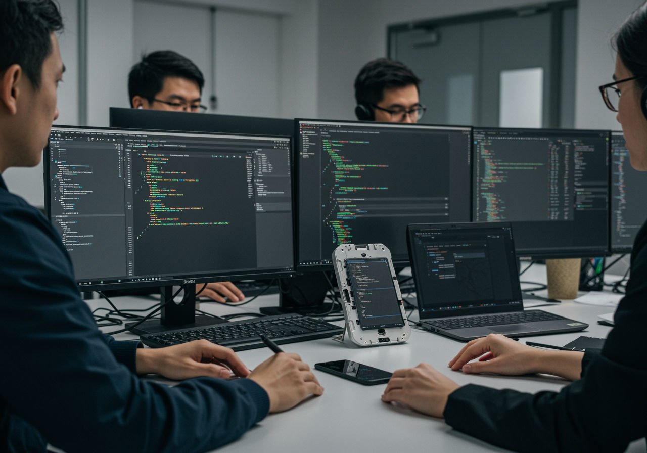 A photorealistic shot capturing a team of engineers working on software customization for a custom Android device, with code displayed on multiple screens and a prototype device on the desk