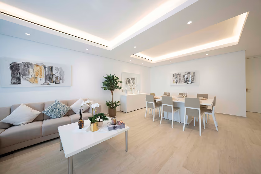 Photograph of an apartment lounge and dining room