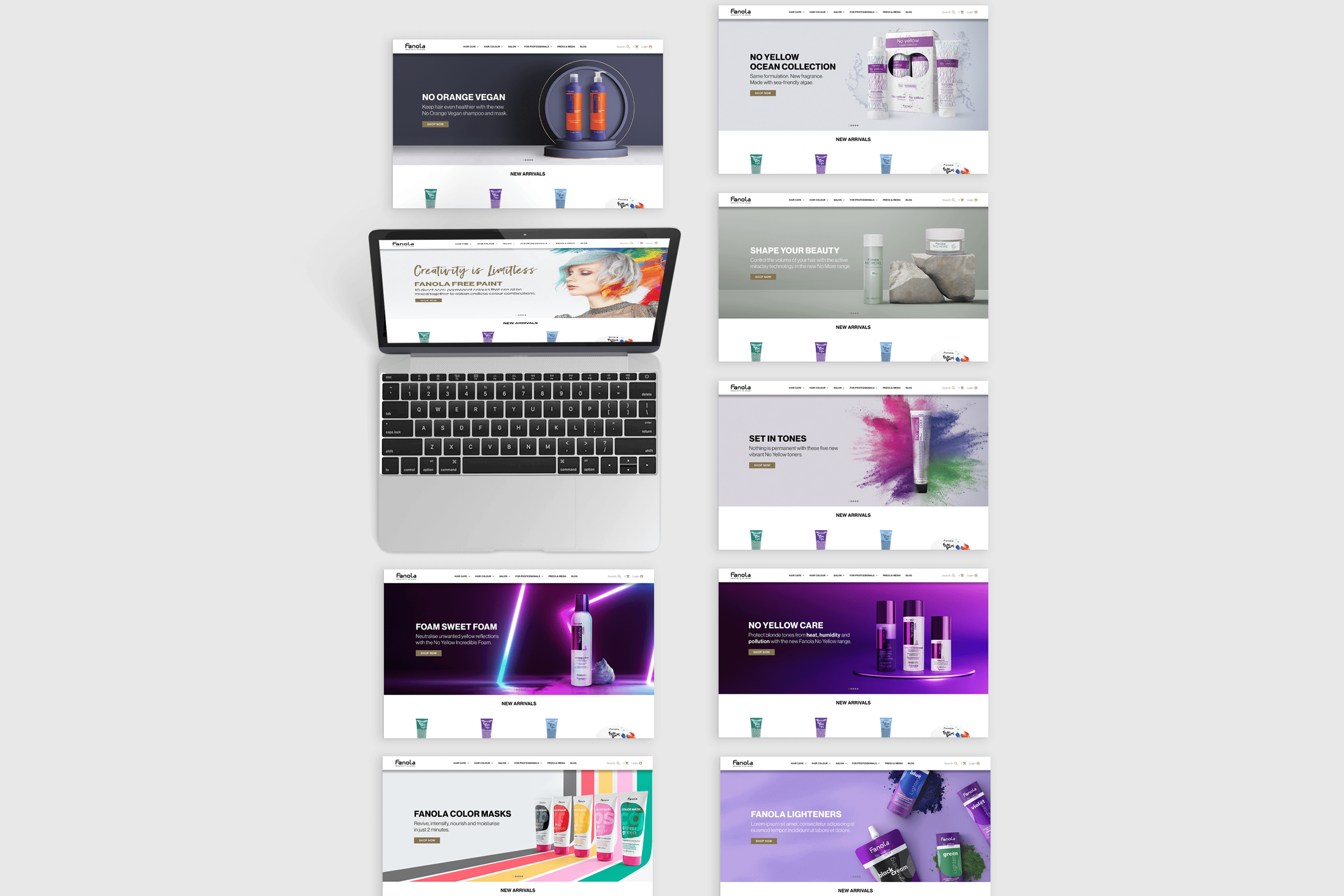 Mockup of various Fanola website banners.