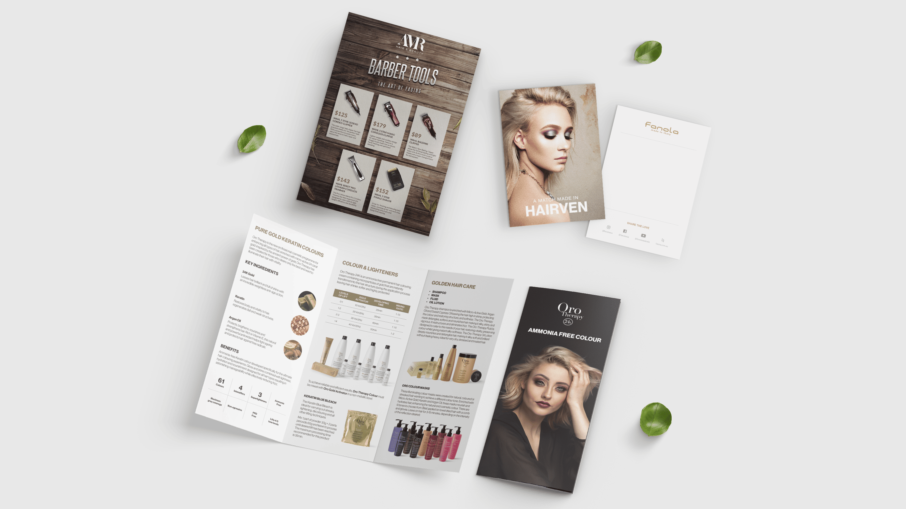 Mockup showcasing various print designs for AMR Hair & Beauty.
