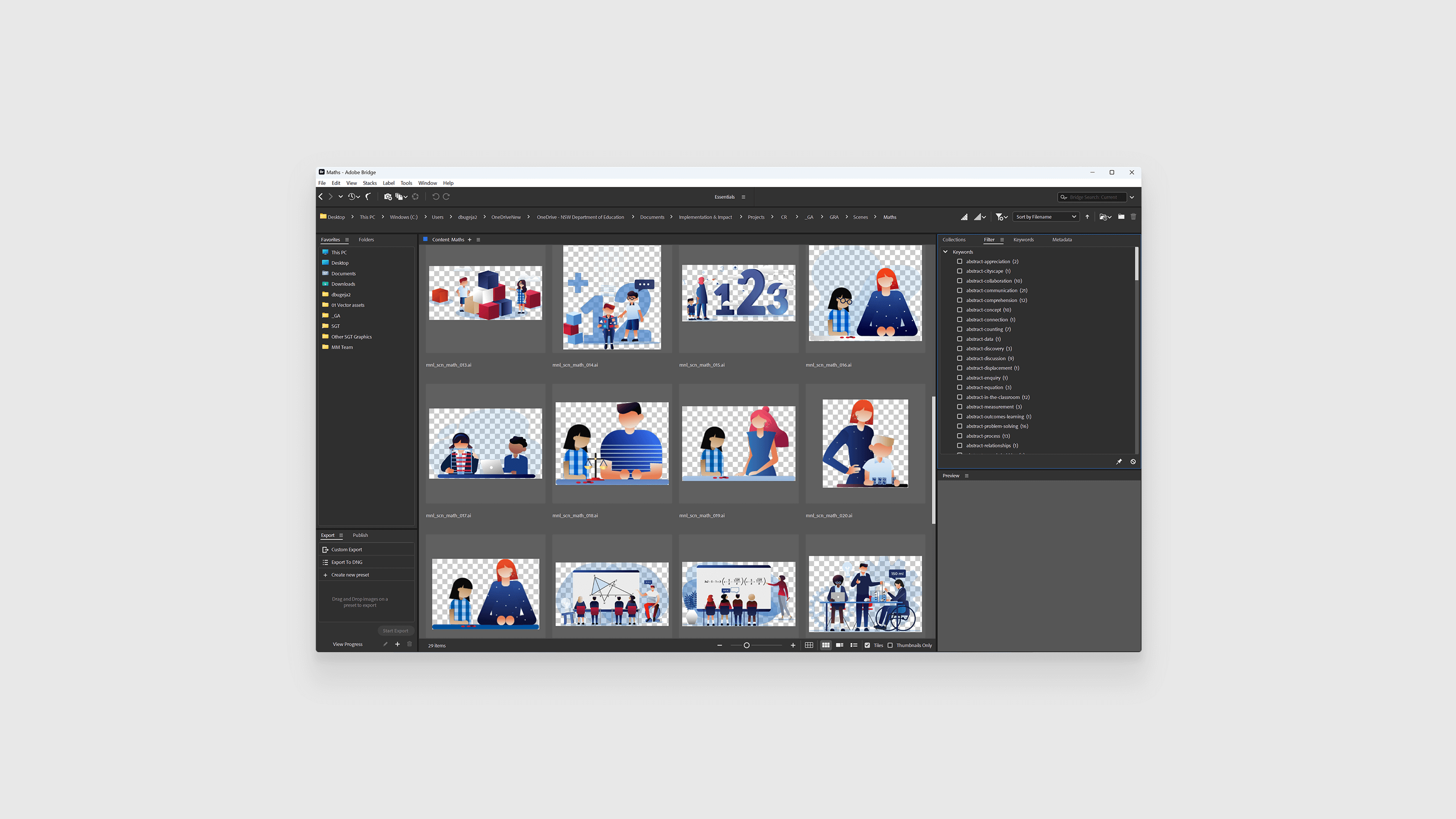 Mockup of the Minimalista graphic asset library using Adobe Bridge.