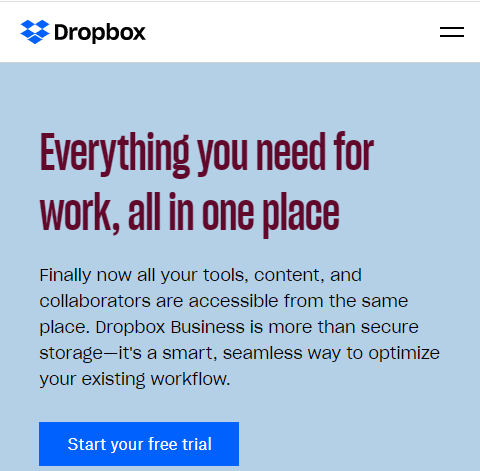 Versão móvel do site do Dropbox