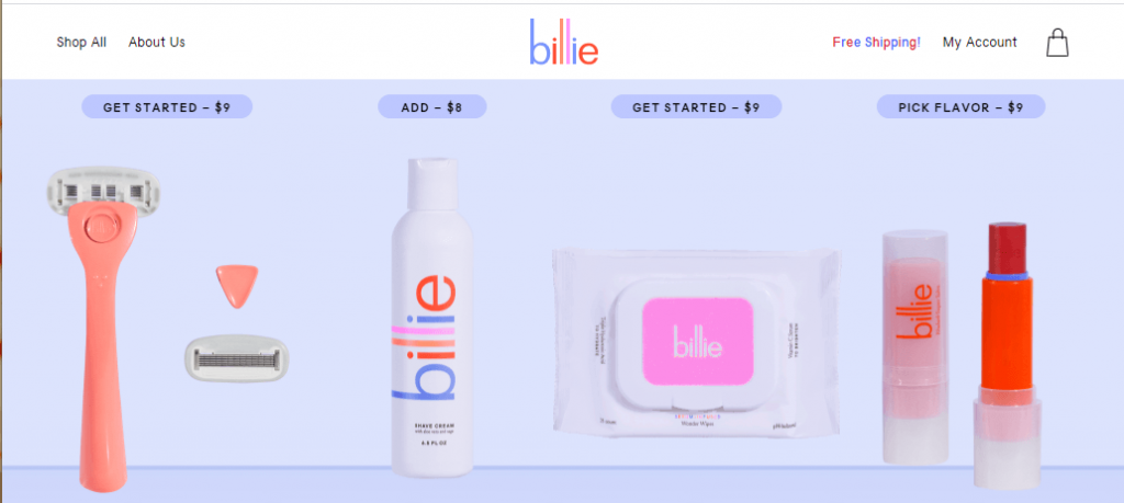 O site de Billie com produtos como lâminas de barbear, lenços umedecidos e creme de barbear