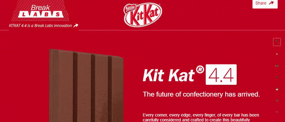 Layout de página única da KitKat de seu produto com informações sobre os doces