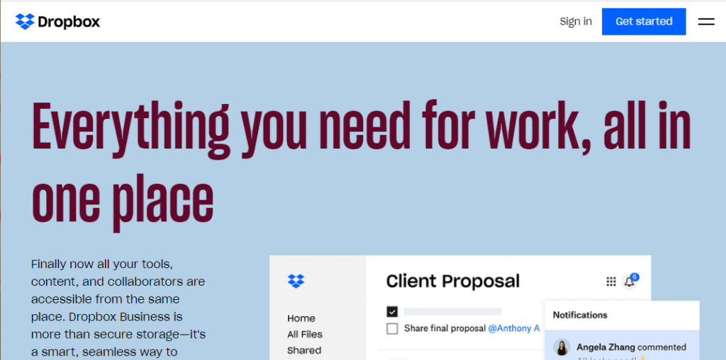 Versão desktop do site do Dropbox