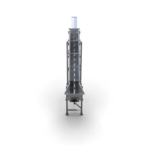 Feeding or extraction conveyor screw - top closed by mesh - front view
