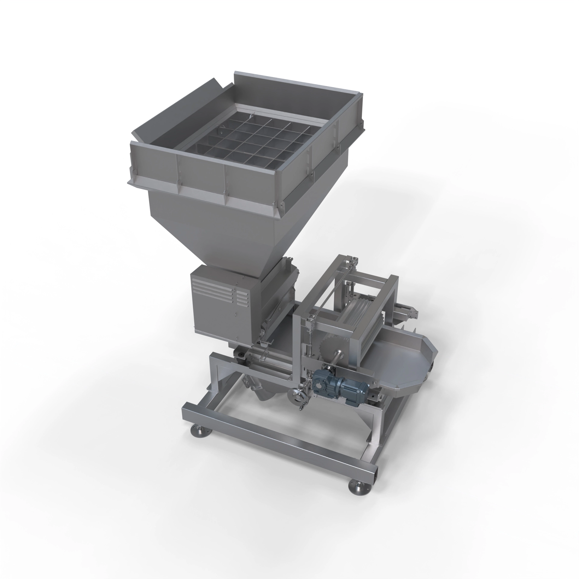 Instalación de trituradora en racimo con alimentación mediante tolva y salida en zaranda de transporte. Rodillo rompedor de bloques para reducción de tamaño adicional.