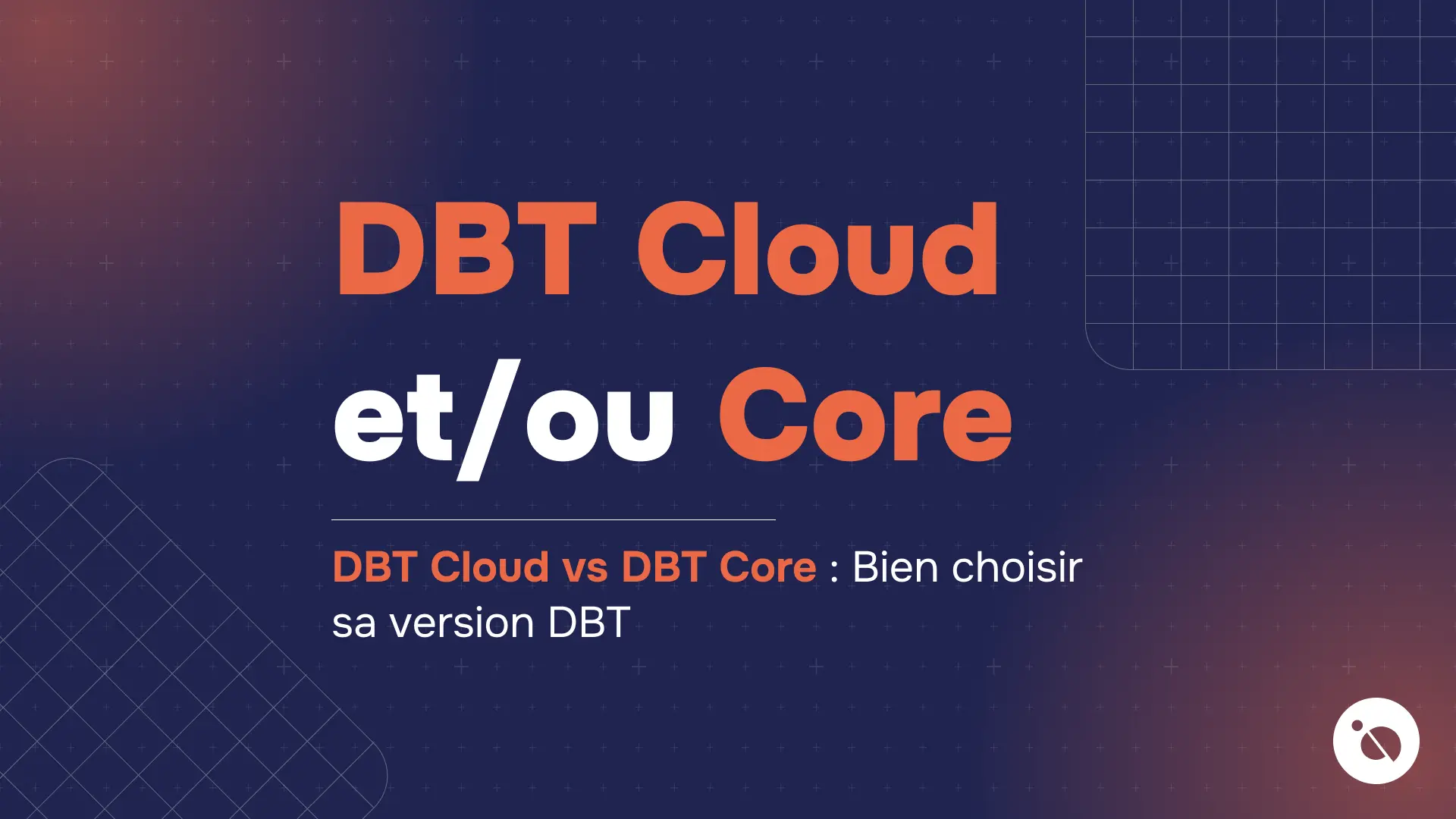 Affiche un fond bleu foncé quadrillé avec les titres dbt cloud et/ou core en orange et blanc