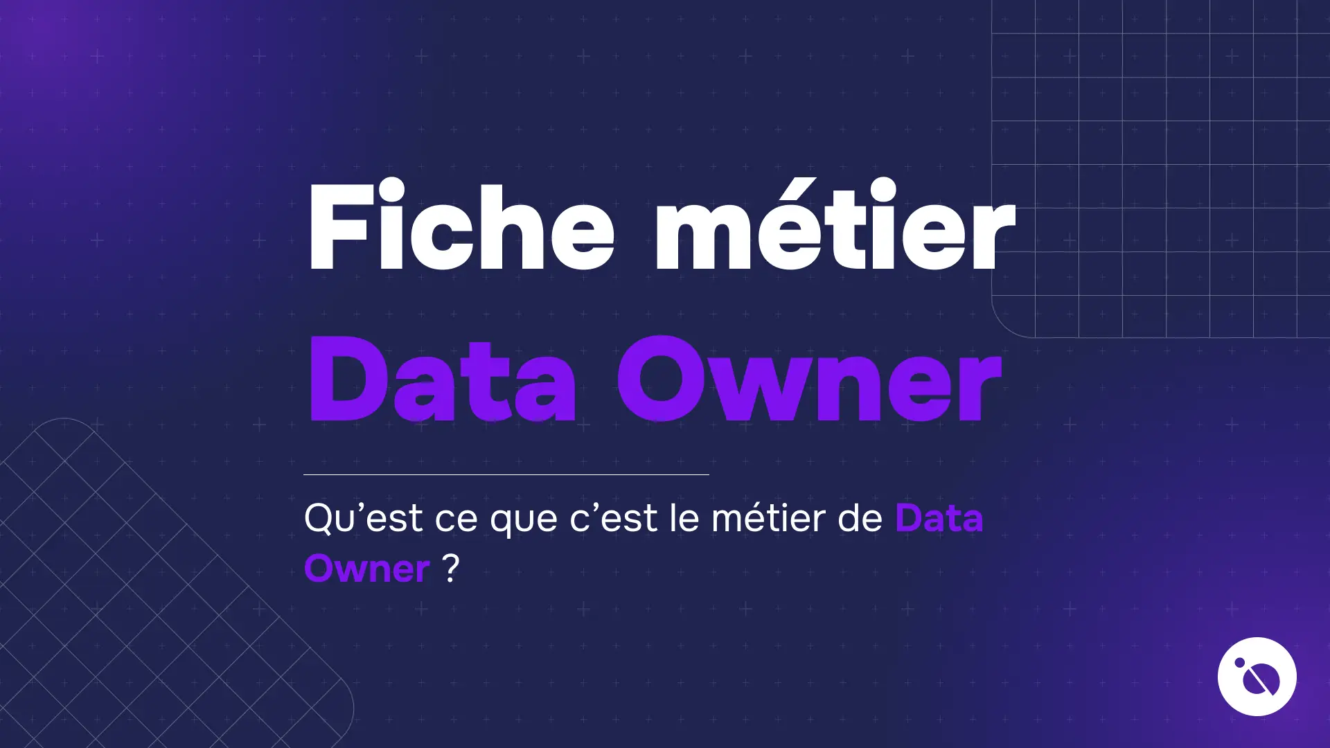 Titre fiche métier data owner en texte blanc et violet sur fond bleu constellé de quadrillages