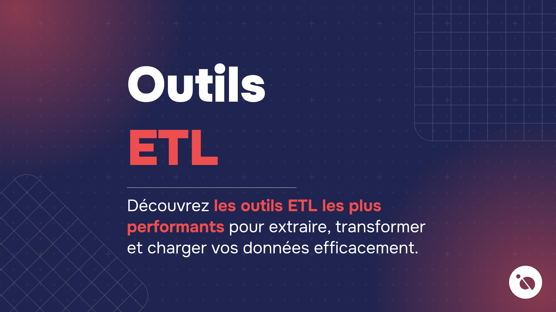 fond bleu nuit quadrillé avec textes outils etl en blanc et rouge pour formation data et ia