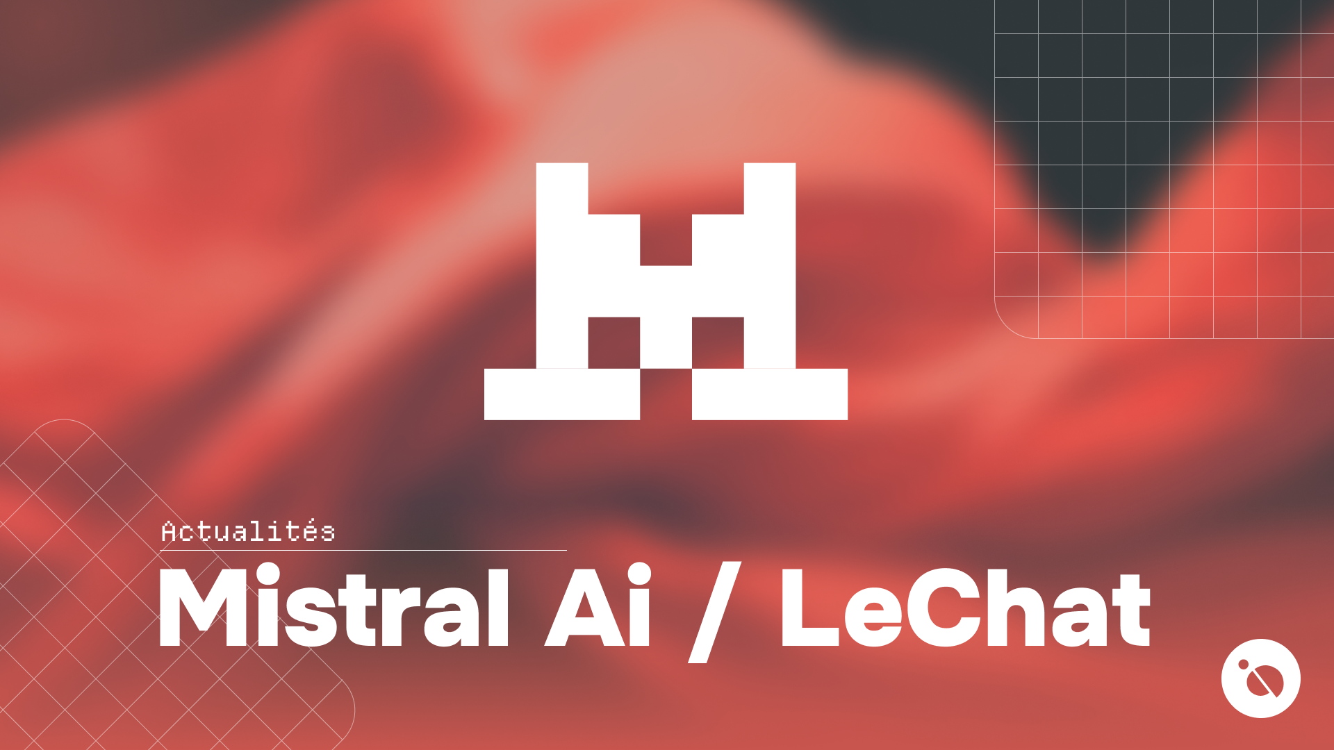 logo pixelisé blanc sur fond rouge orangé avec titre mistral ai / lechat et motif quadrillé