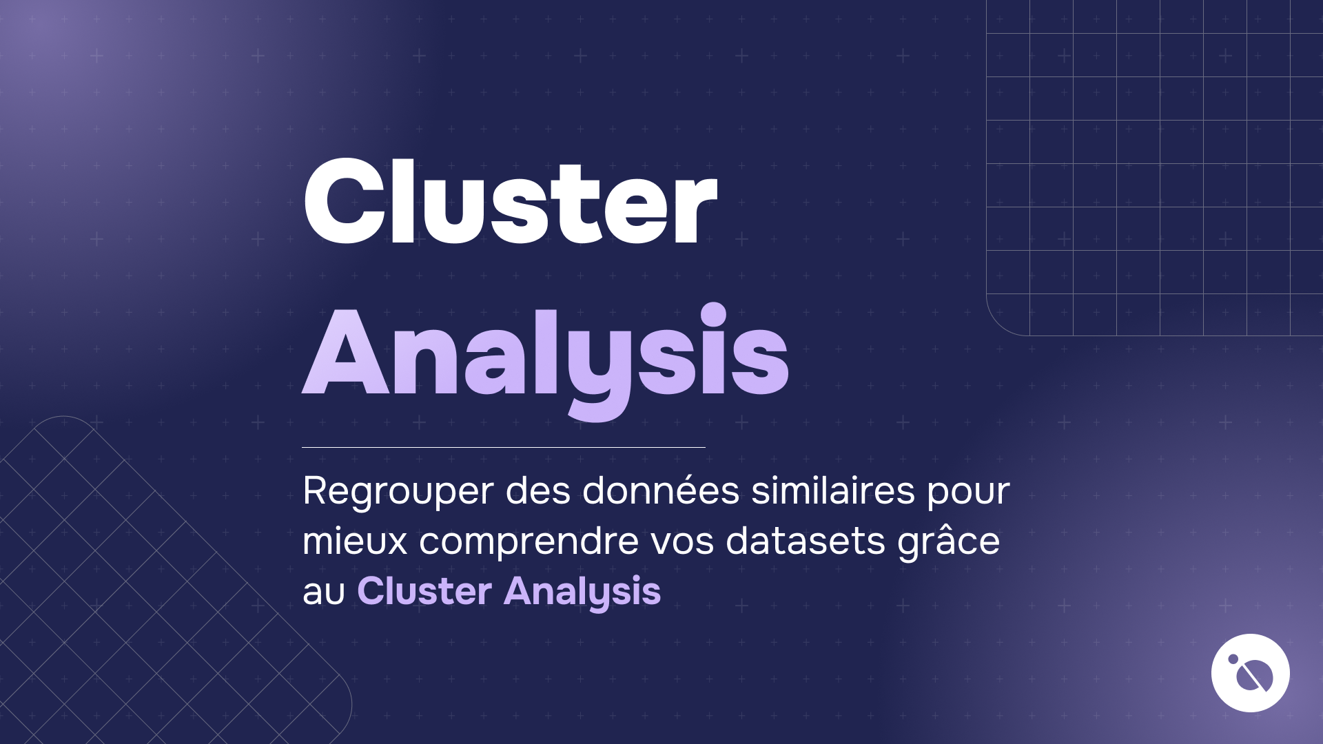 Diapositive formation data sur fond bleu sombre quadrillé avec titre cluster analysis en blanc et violet