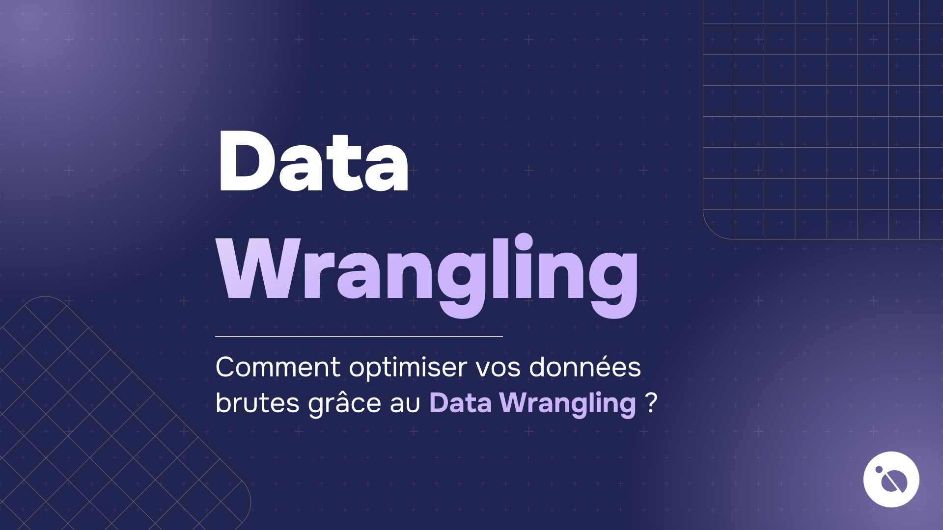 titre data wrangling en violet sur fond bleu nuit avec motif de grille et question en bas.
