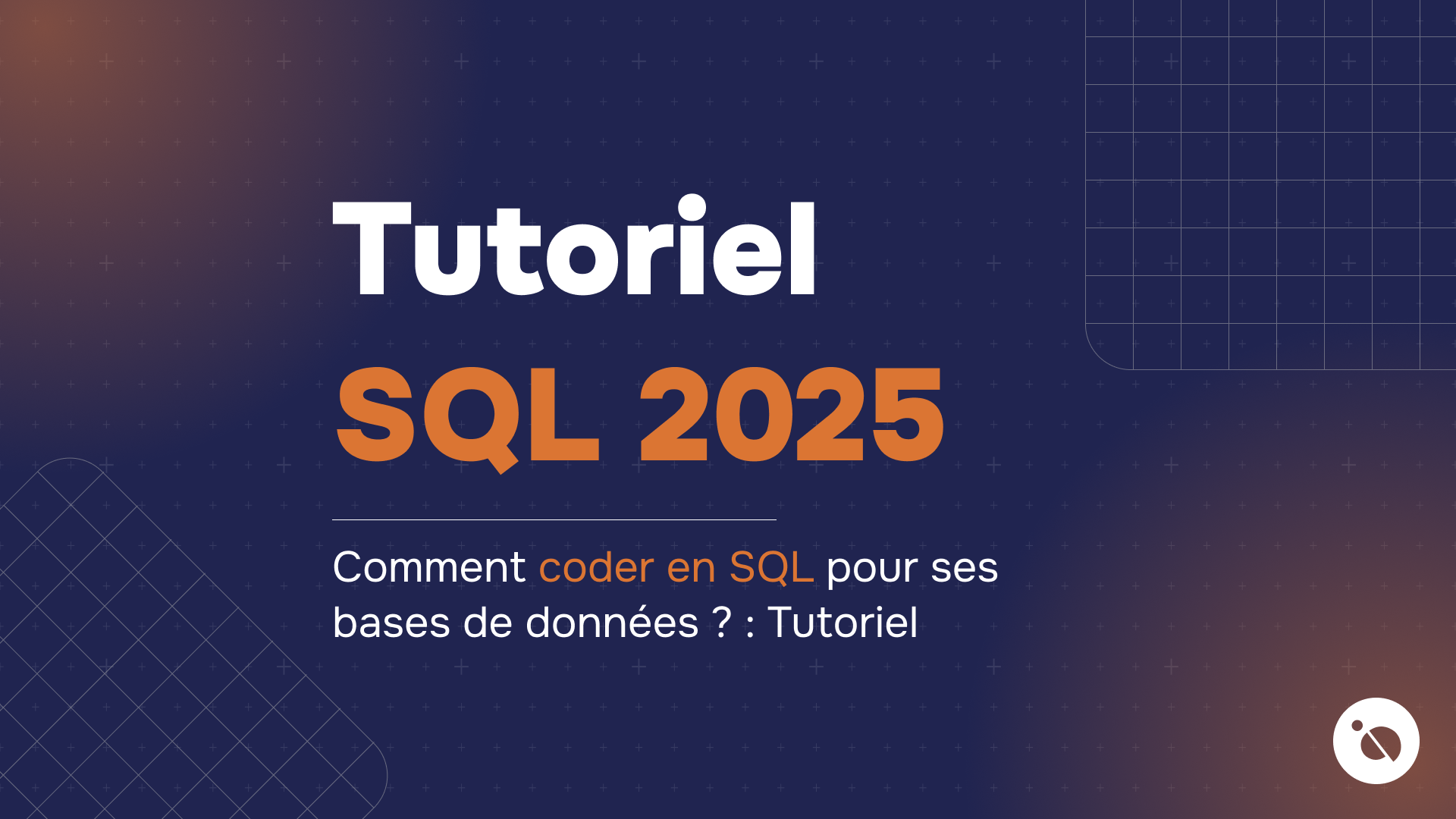 tutoriel sur le codage SQL avec un titre en orange sur fond bleu et motifs graphiques