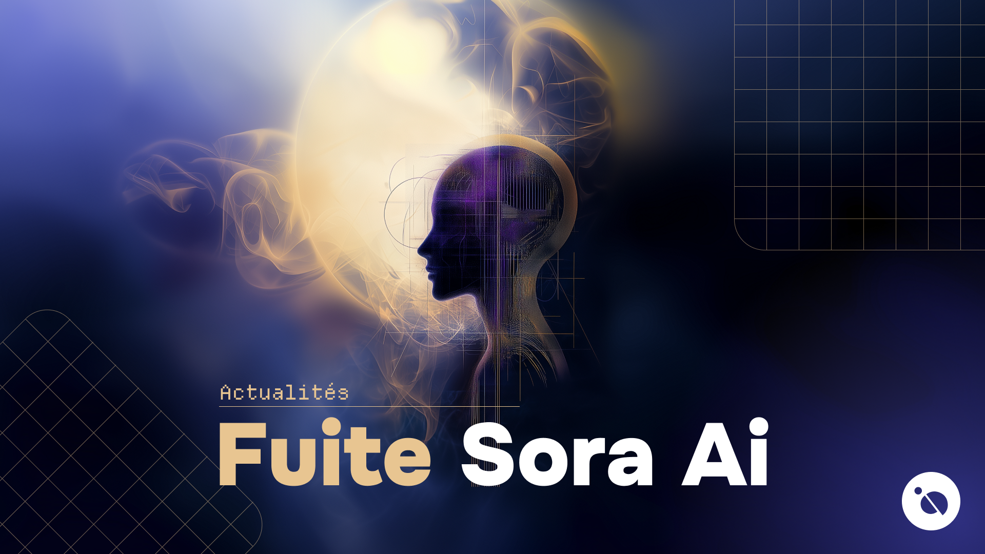Tête stylisée en filigrane violet devant une sphère lumineuse avec le titre fuite sora ai