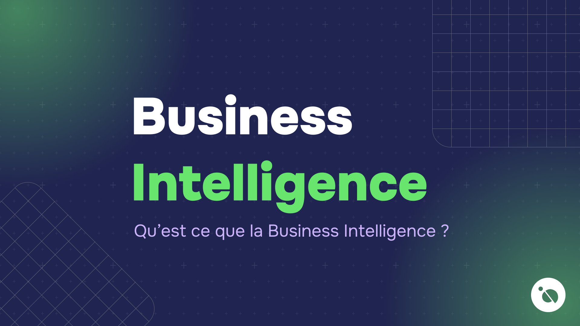 grand titre business intelligence en blanc et vert accompagné d’une question sur fond bleu quadrillé