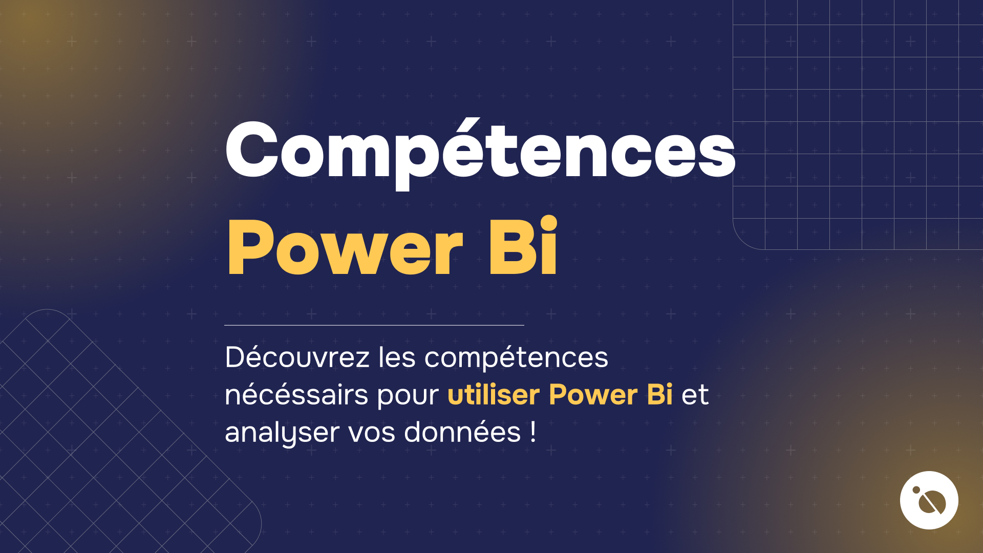 texte compétences power bi en blanc et jaune sur fond bleu nuit illustrant une formation data