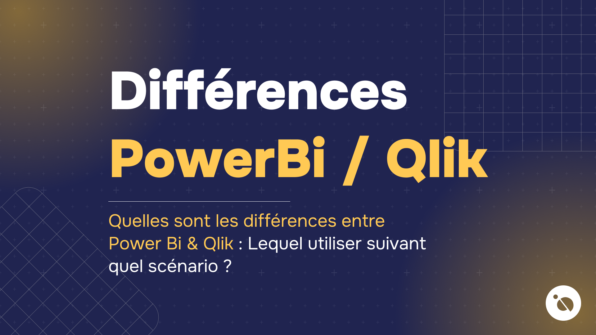 différences entre Power Bi et Qlik expliquées sur un fond graphique bleu et jaune.