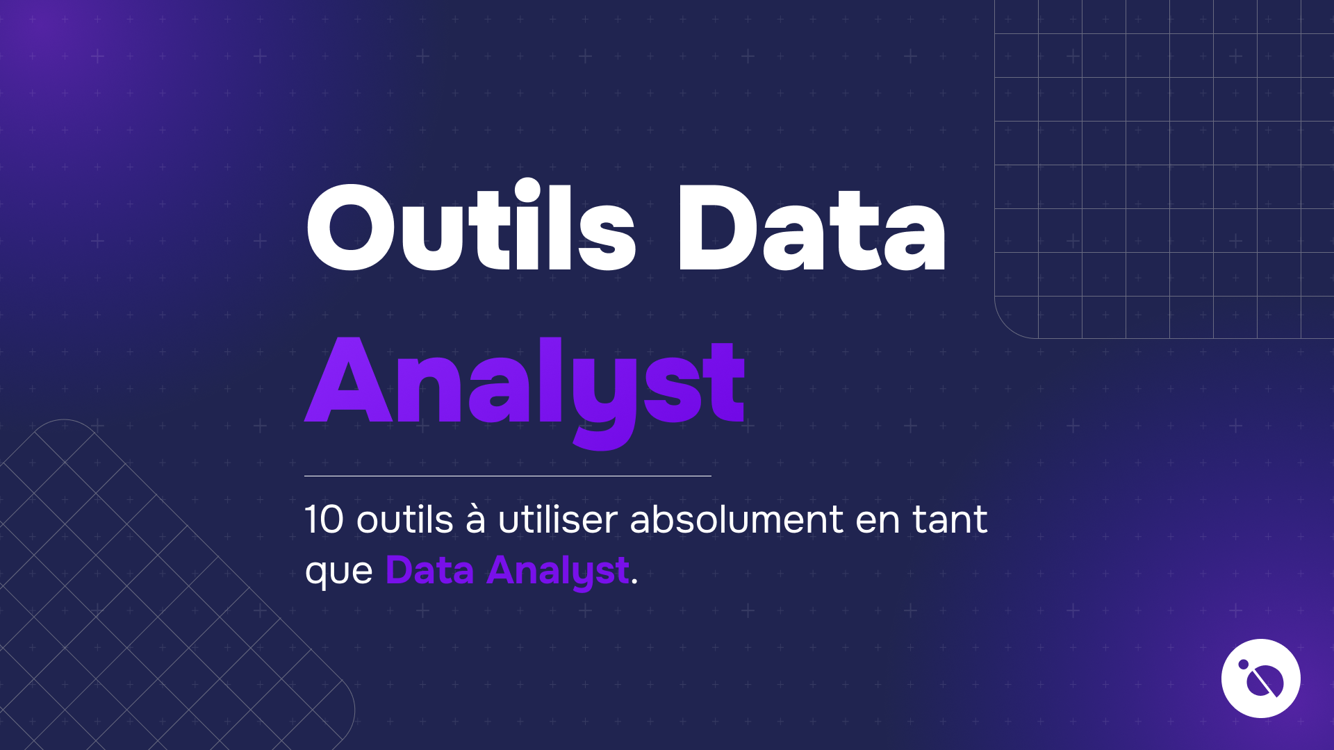 slide de formation présentant 10 outils essentiels pour data analyst sur fond violet à motifs de grille