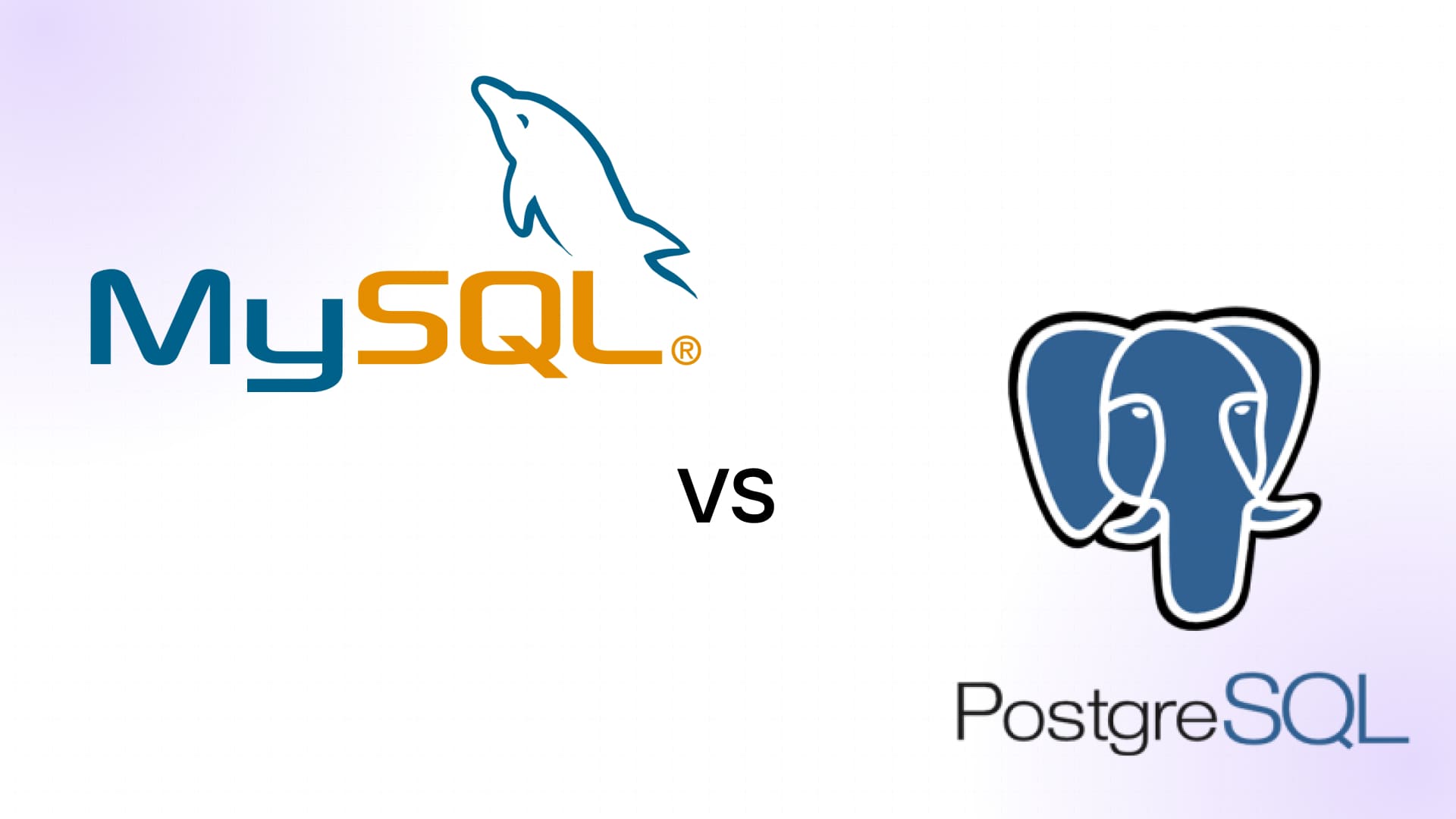 logos mysql en bleu et orange avec dauphin face au logo postgresql bleu figurant un éléphant