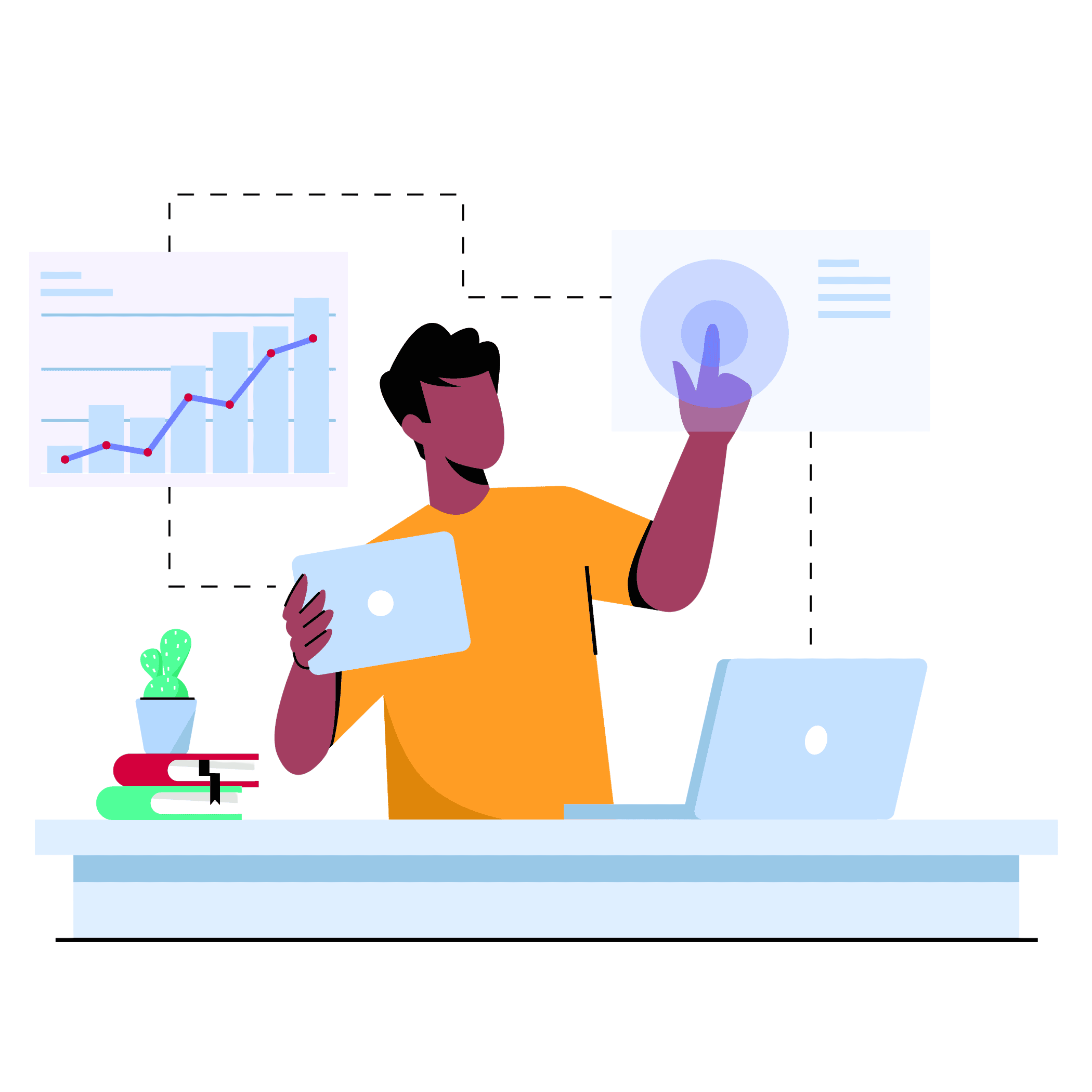 data scientist en formation manipulant des graphiques interactifs sur tablette et laptop au bureau