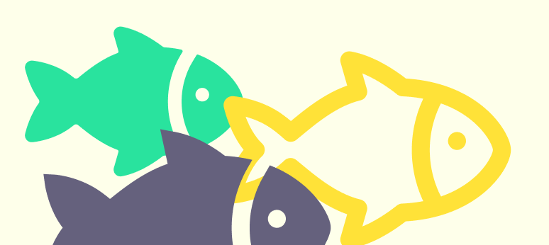 trois poissons stylisés vert, violet et jaune superposés symbolisant un flux de données