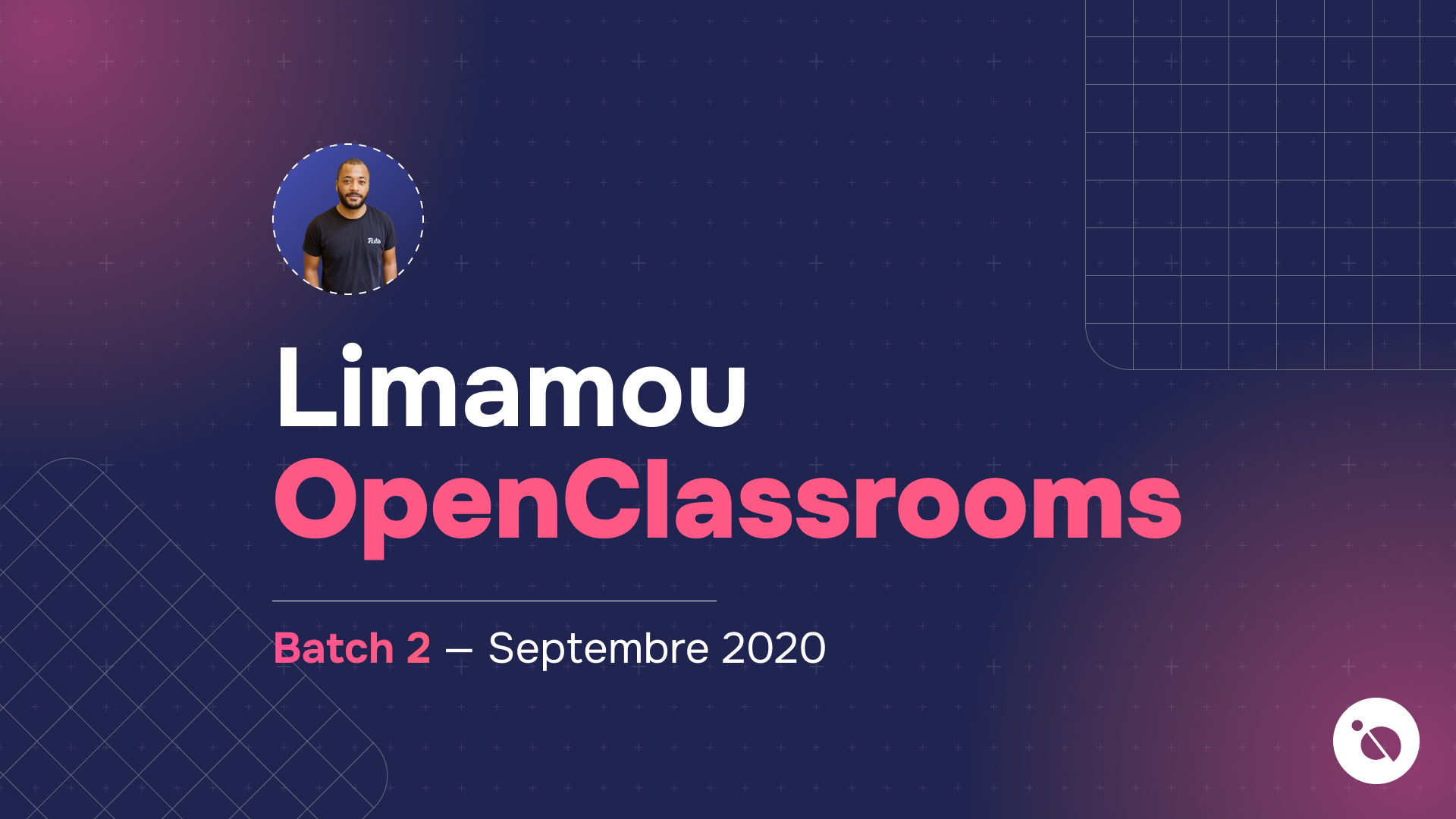 profil circulaire sur fond bleu violet annonçant la session openclassrooms batch 2 de formation en septembre 2020