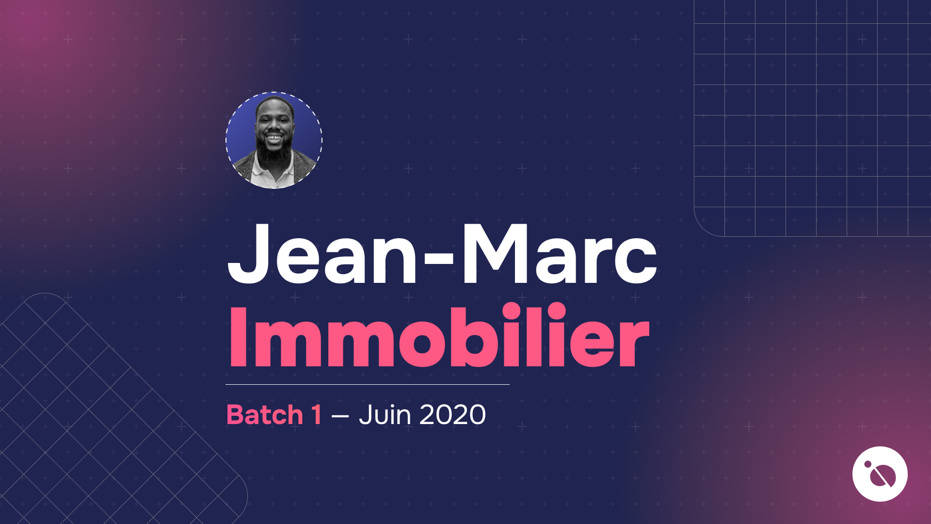 jean-marc, apprenti en immobilier, portrait circulaire sur fond quadrillé bleu marine et rose, batch 1 juin 2020
