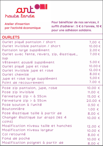 Plaquette de tarifs des prestations