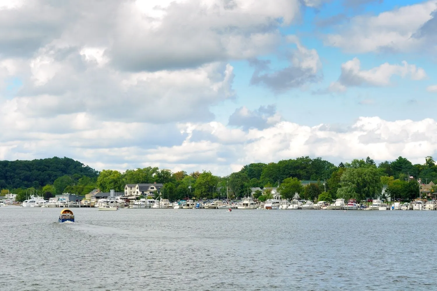 Boat moving across a lake toward a shoreline lined with boats and green trees under a partly cloudy sky.