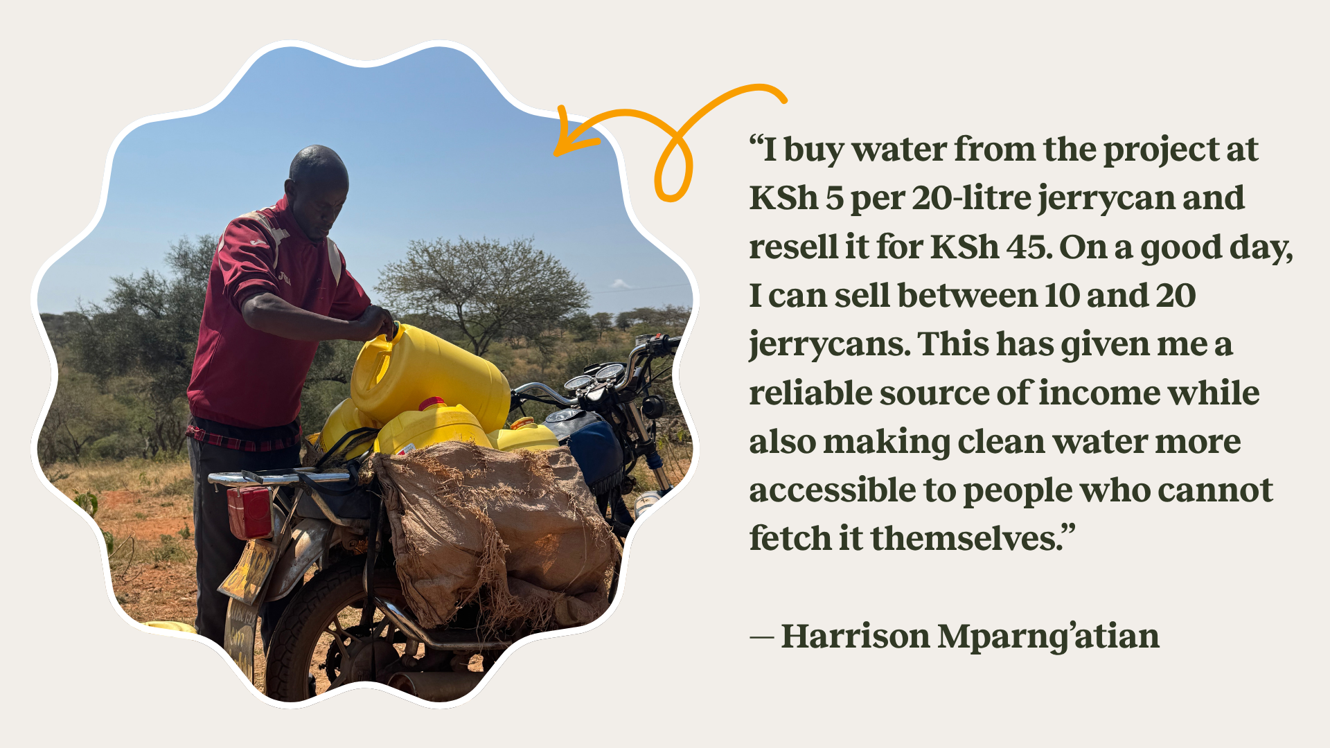 A quote that says: "I buy water from the project at KSh 5 per 20-litre jerrycan and resell it for KSh 45. On a good day, I can sell between 10 and 20 jerrycans. This has given me a reliable source of income while also making clean water more accessible to people who cannot fetch it themselves."— Harrison Mparng'atian with an image of Harrison loading water on his bike.