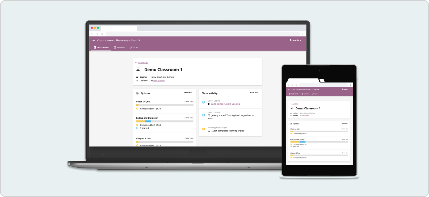 A screenshot of the coach reports in Kolibri