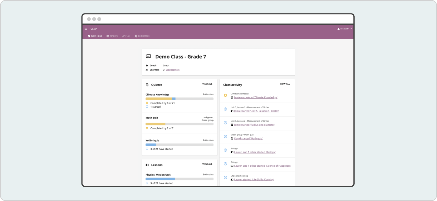 A screenshot of the coach reports in Kolibri