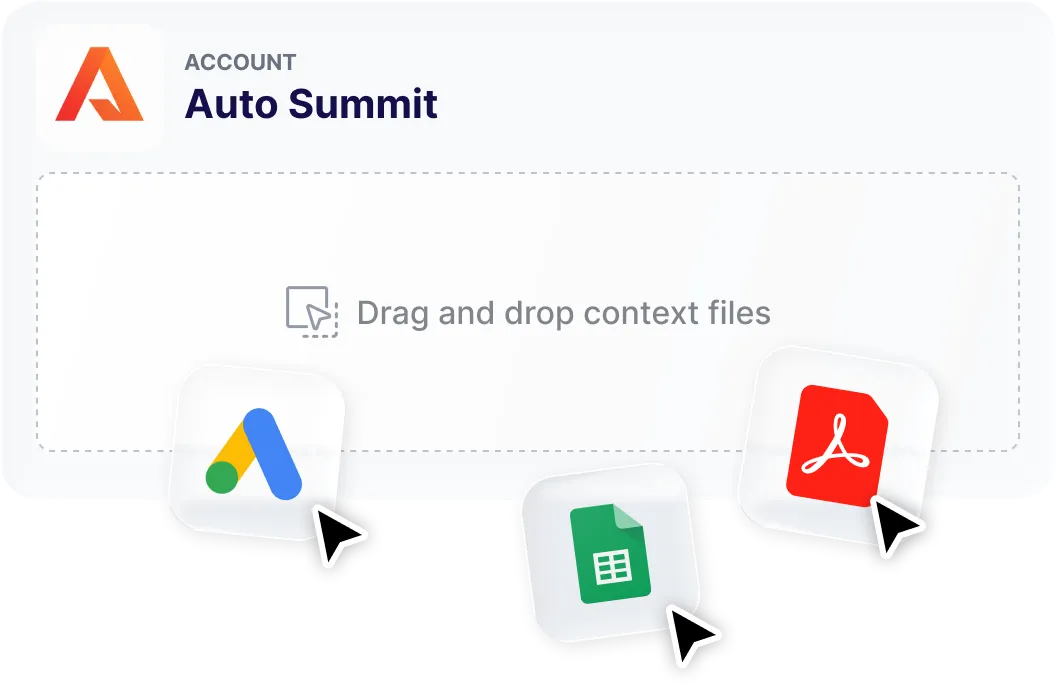 AutoFinder account interface showing drag and drop area with icons for Google Ads, Sheets, and PDF files.