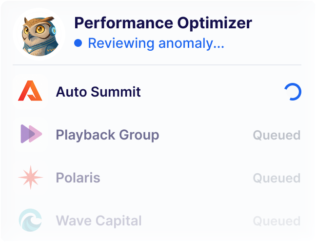 Performance Optimizer agent reviewing anomaly with Auto Summit active and other groups queued.