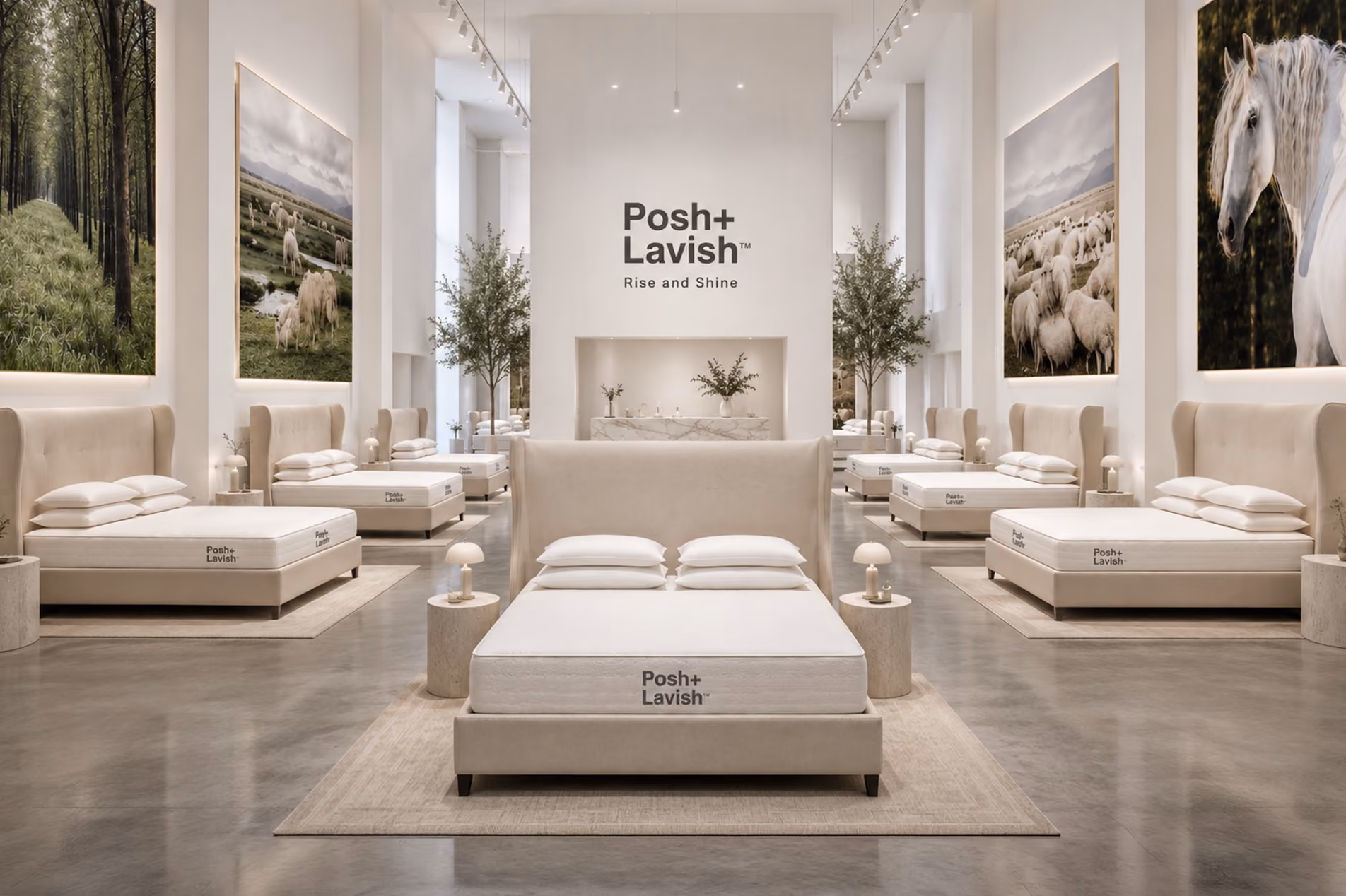 Modern showroom with beige beds labeled Posh+Lavish arranged symmetrically on rugs with nature paintings on walls.