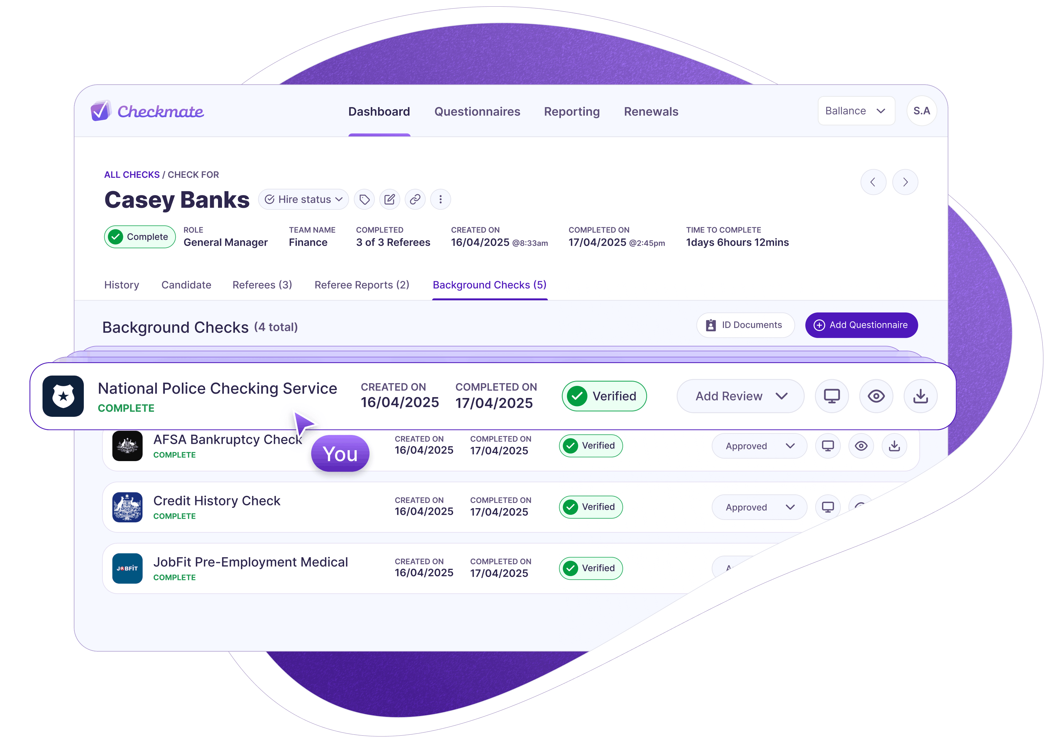 Pre-employment dashboard UI