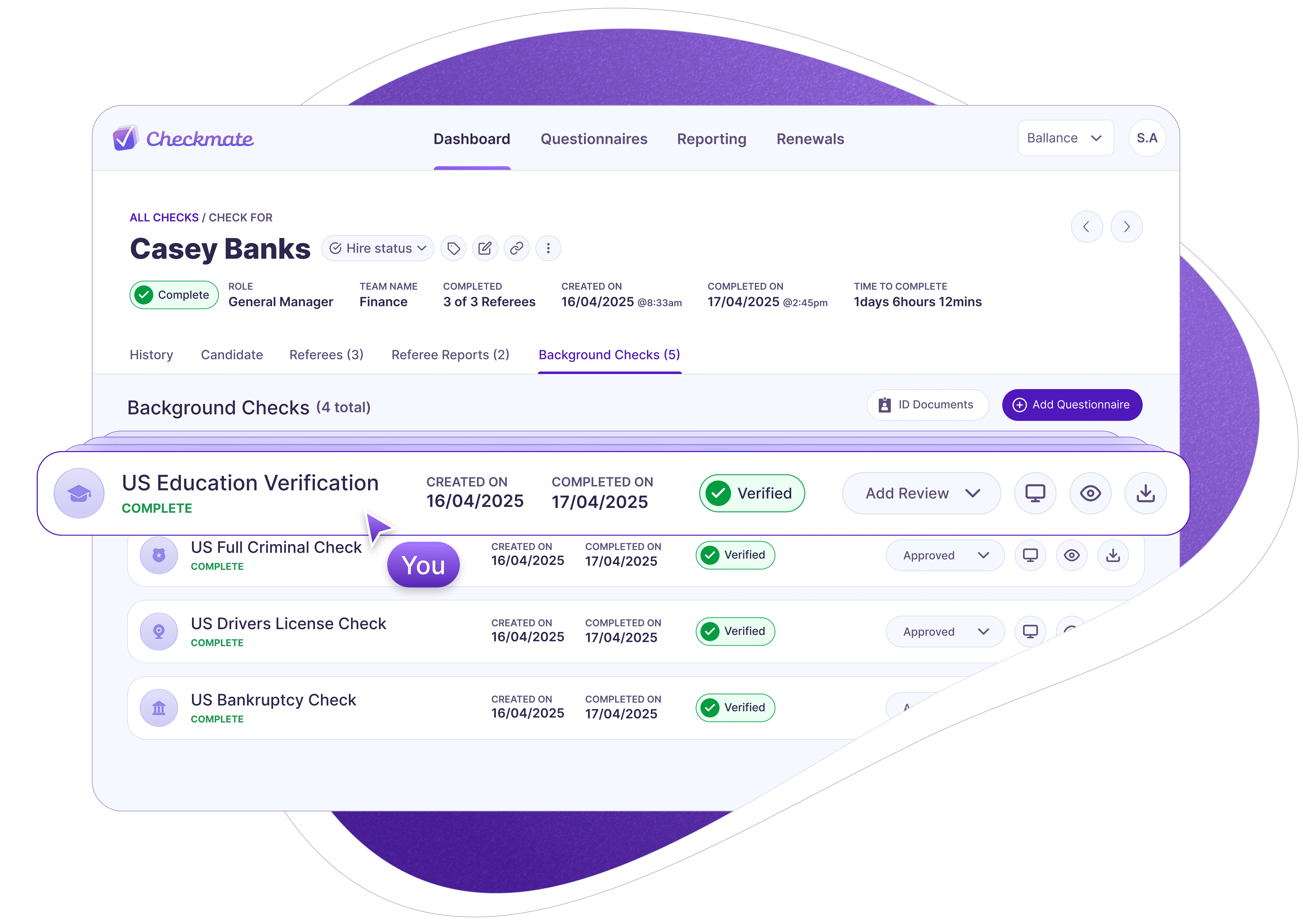 A desktop view of the Checkmate background check dashboard for a candidate