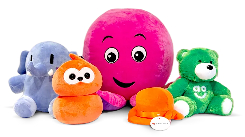 A collection of recognisable bespoke plush toys.