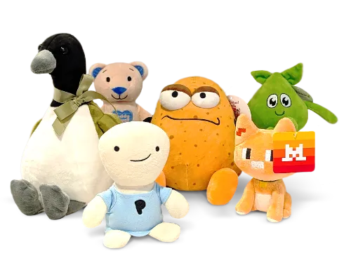 A collection of sustainable and recycled bespoke plush toys.