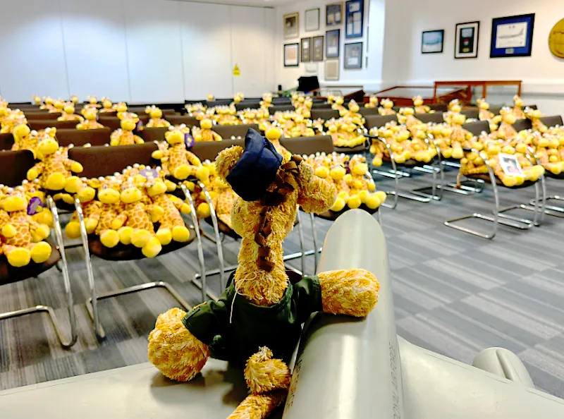 Bespoke giraffe plush toys at the airport ready to be loaded onto a plane for charity.