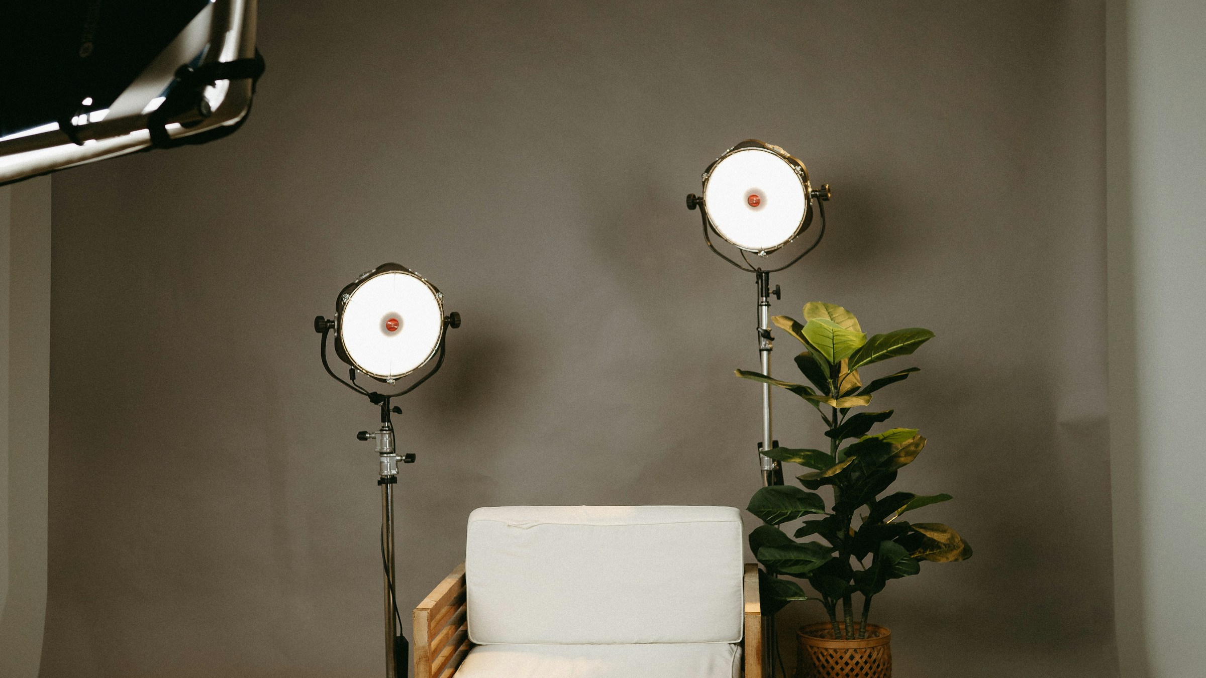 Professionelles Fotostudio mit grauem Hintergrund, Leuchten, Sessel und Pflanze.