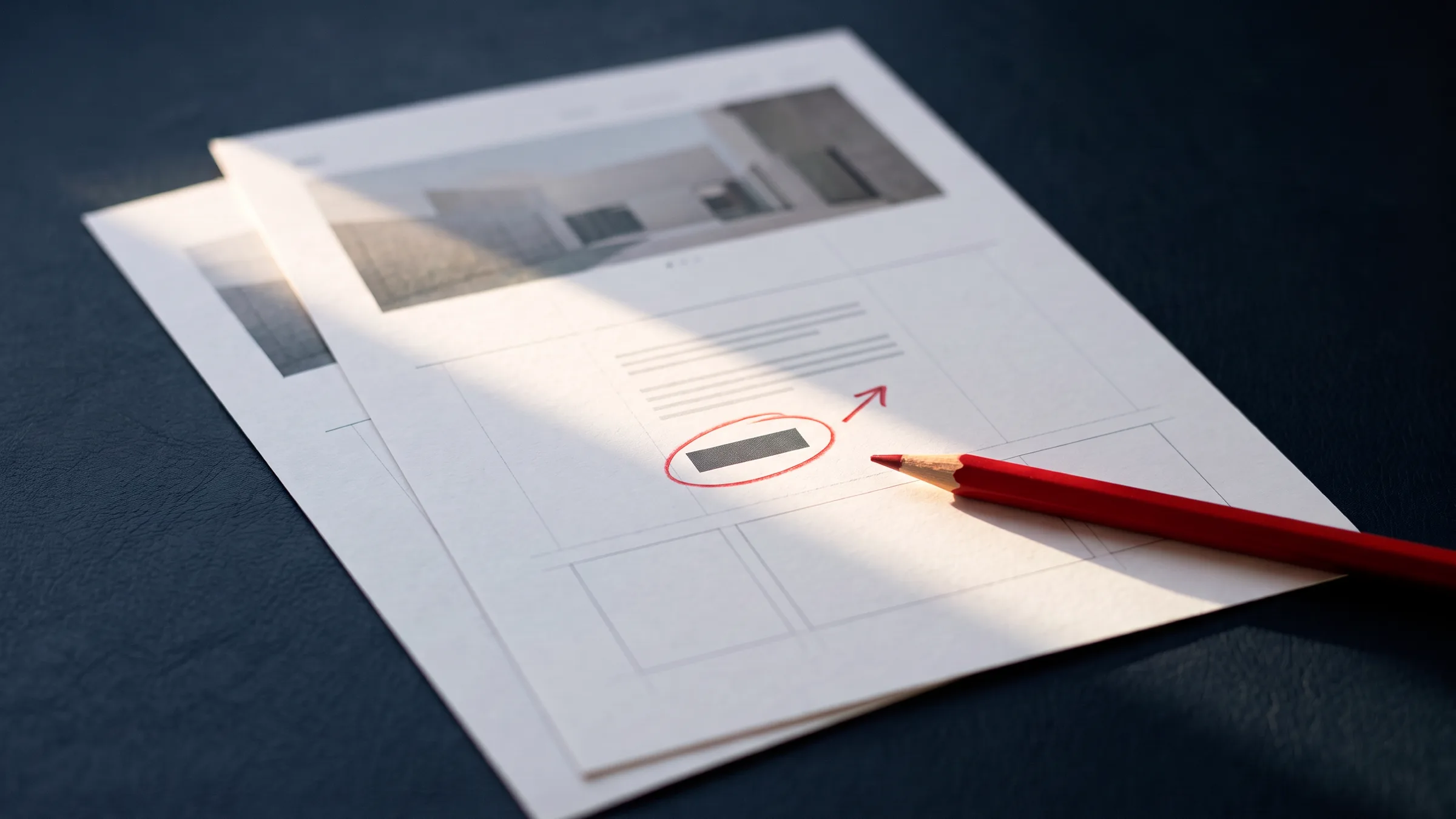 Ausgedruckte Website-Entwürfe auf einem dunkelblauen Tisch. Ein Button ist mit rotem Farbstift eingekreist, daneben ein kleiner roter Pfeil und der Stift.