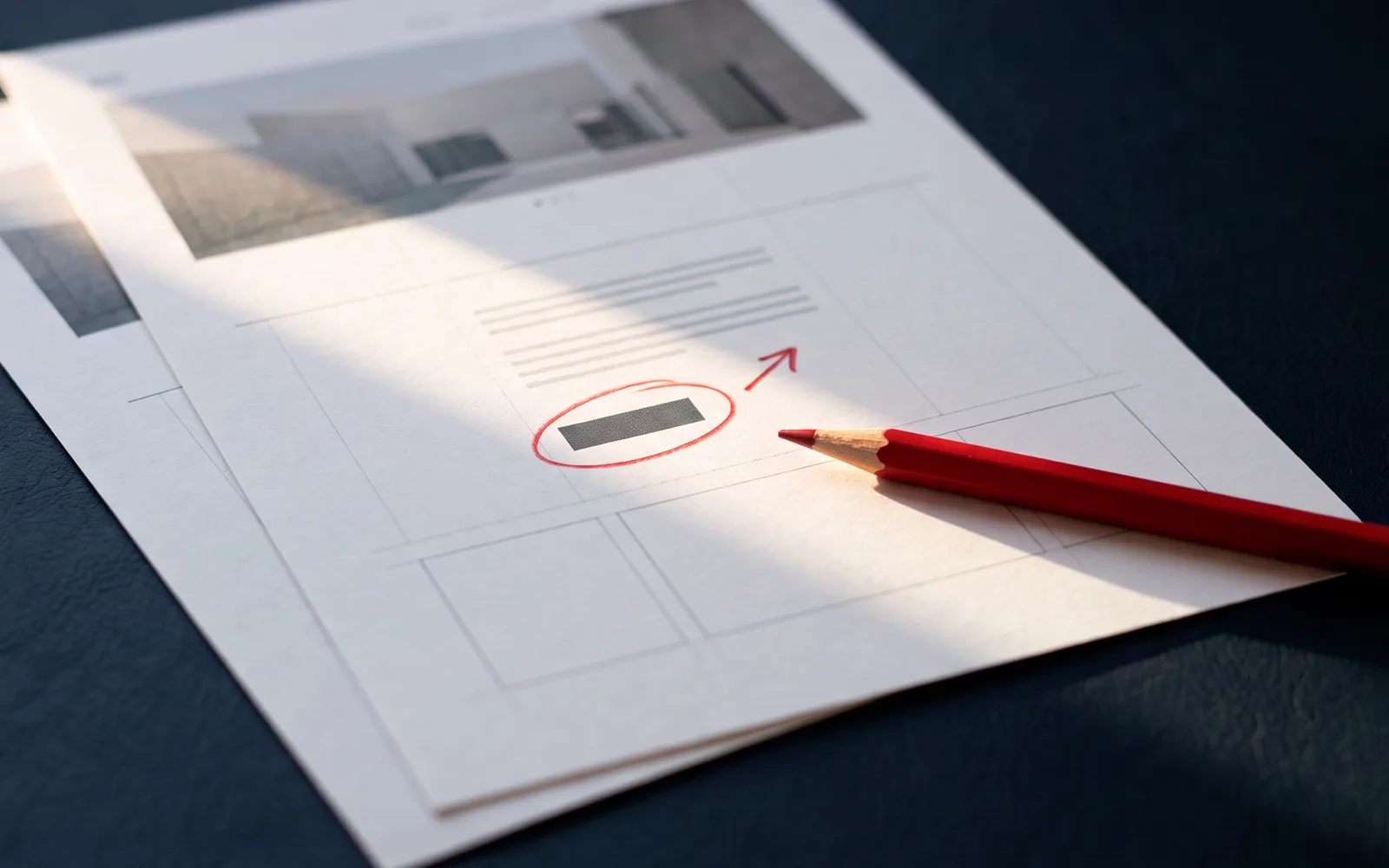 Mit rotem Stift eingekreister Button auf einem ausgedruckten Website-Entwurf.