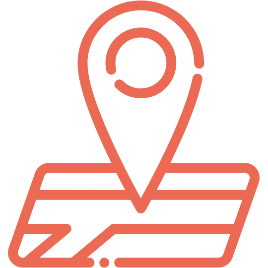 Illustration of a smartphone with location pins connected by dashed lines and two cartoon people interacting with the pins, representing GPS tracking and geo-tagging.