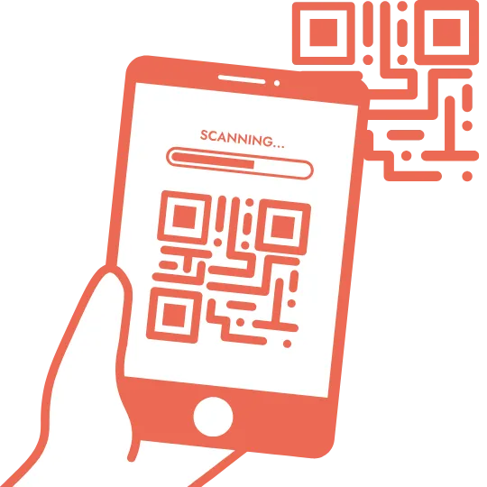 Hand holding smartphone with a QR code and a scanning progress bar on the screen.