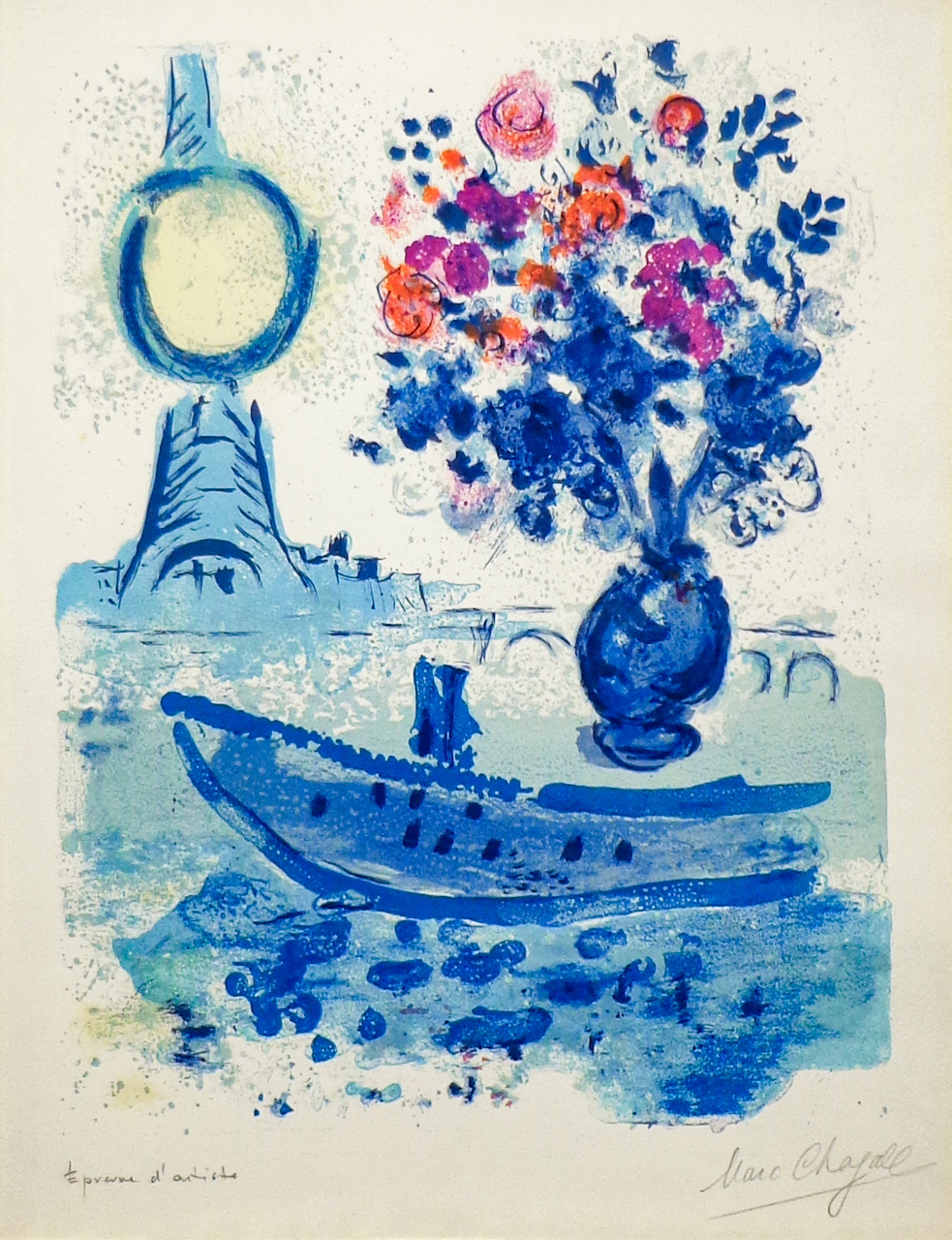 A blue toned lithograph of a clocktower, a boat, and a vase with pink, orange, and magenta flowers