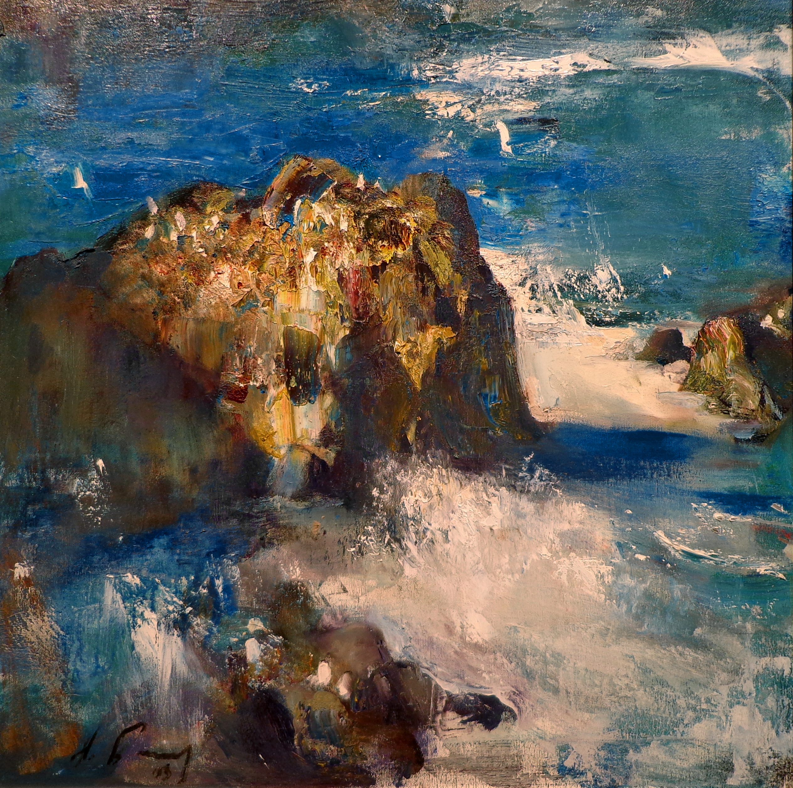oil painting of blue, foamy waves crash against bold rocks jutting out of the sea. 